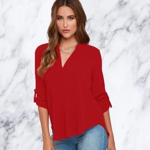 Cherry Red 3/4 Sleeve V-Neck Chiffon Blouse